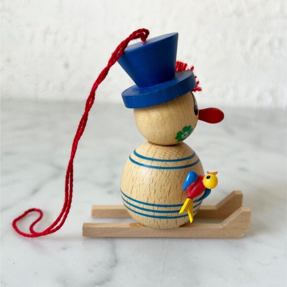 Vintage Steinbach Wooden Christmas Ornament Snowman on Skis Bird-Broom-Clover - Picture 2 of 7